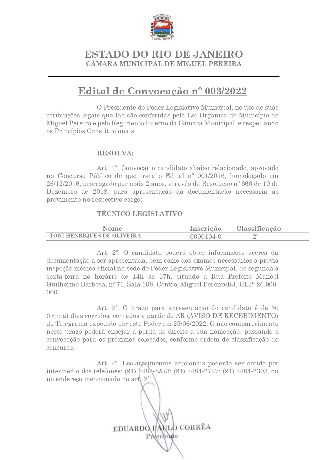 Edital de Convocação nº 003/2022 - Técnico Legislativo