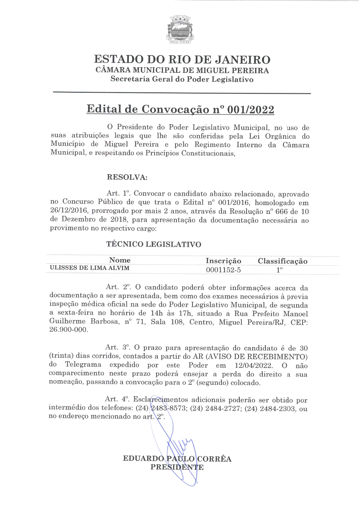 Edital de Convocação nº 001/2022 - Técnico Legislativo