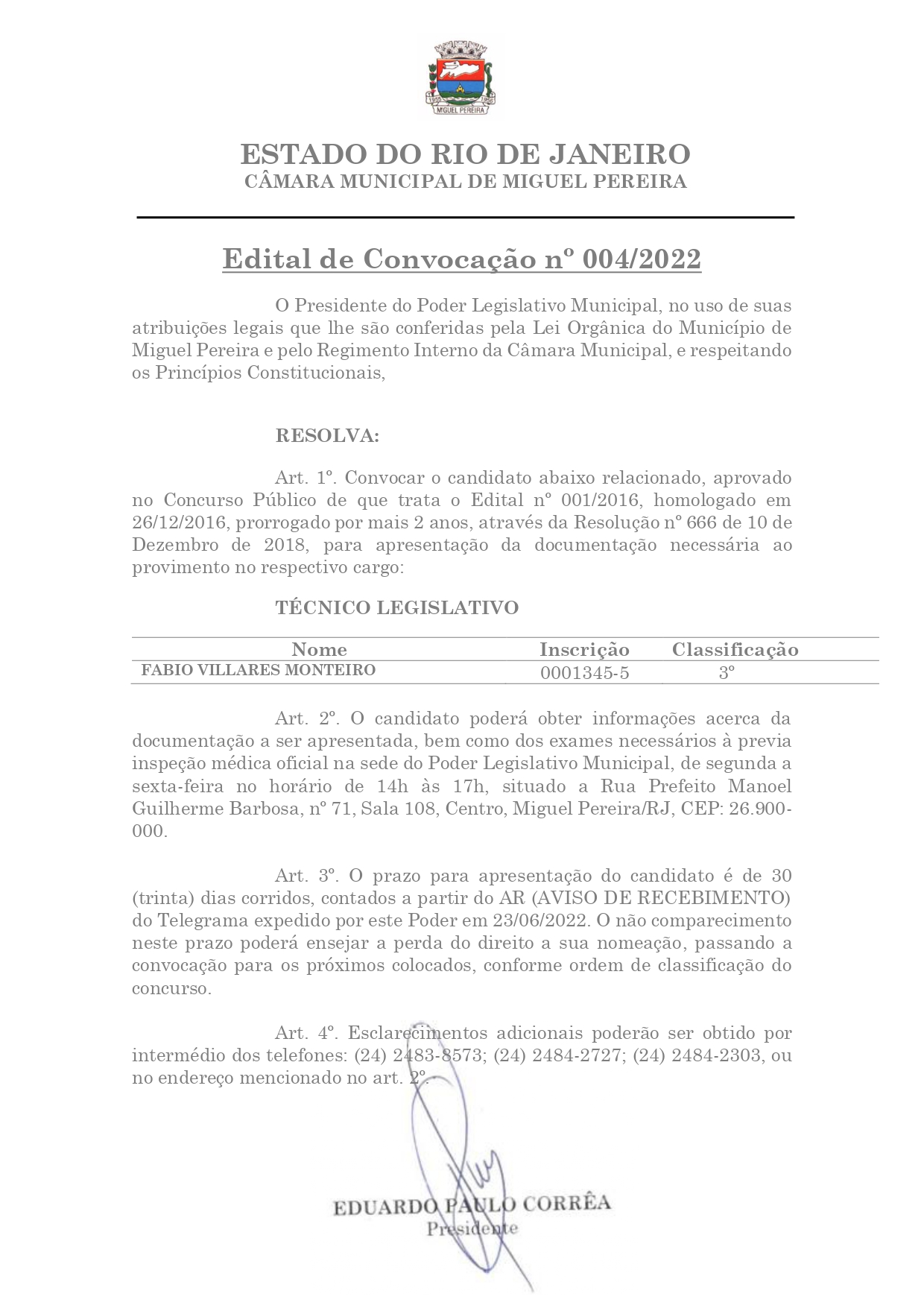 Edital de Convocação nº 004/2022 - Técnico Legislativo