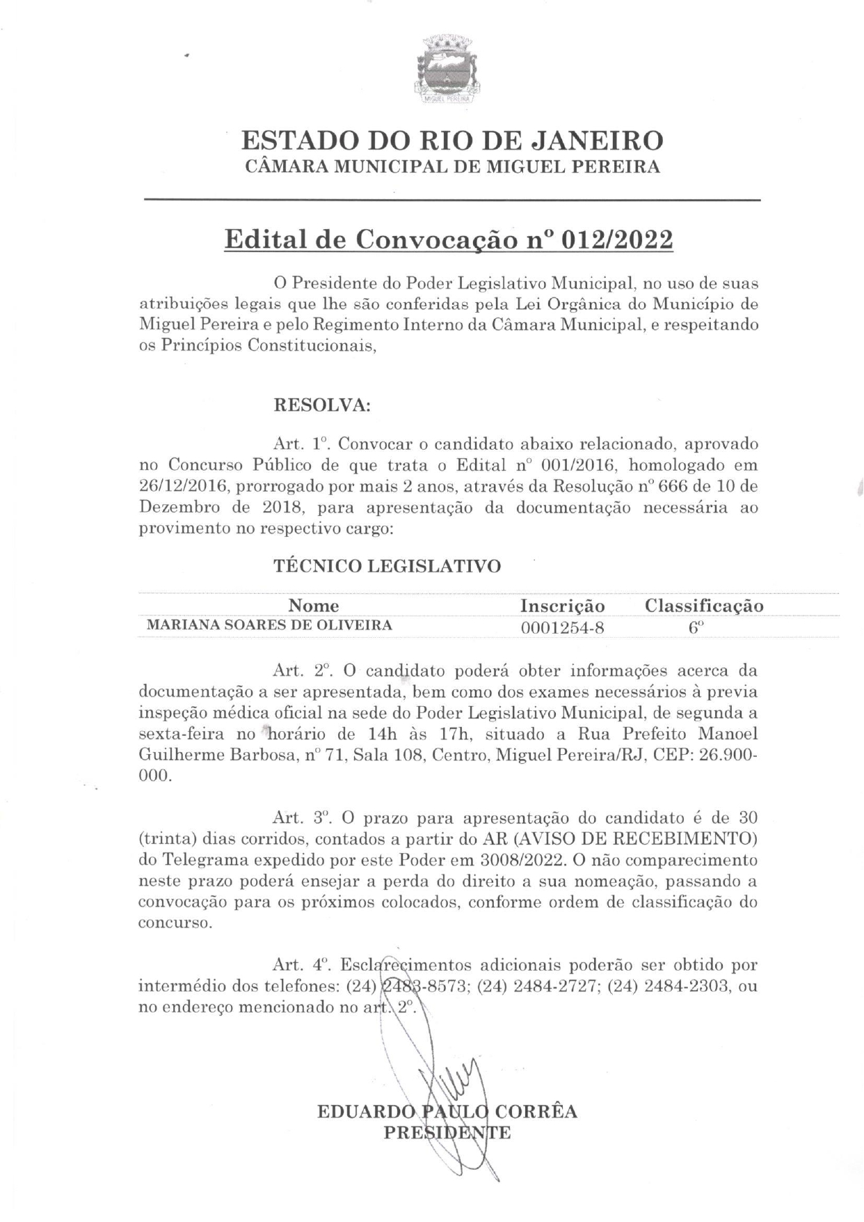 Edital de Convocação nº 012/2022 - Técnico Legislativo