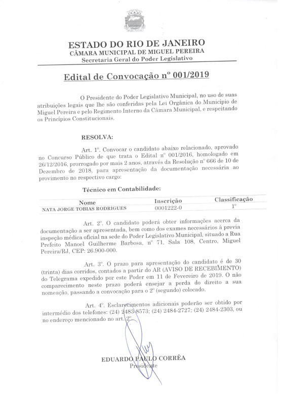 Edital de Convocação nº 001/2019 - Técnico em Contabilidade